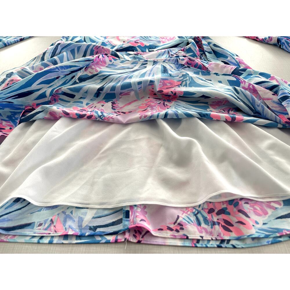 Lilly Pulitzer Size M Laeda Dress Blue Pink Mini Stretch Wedding Cocktail Ruffle - Picture 11 of 16